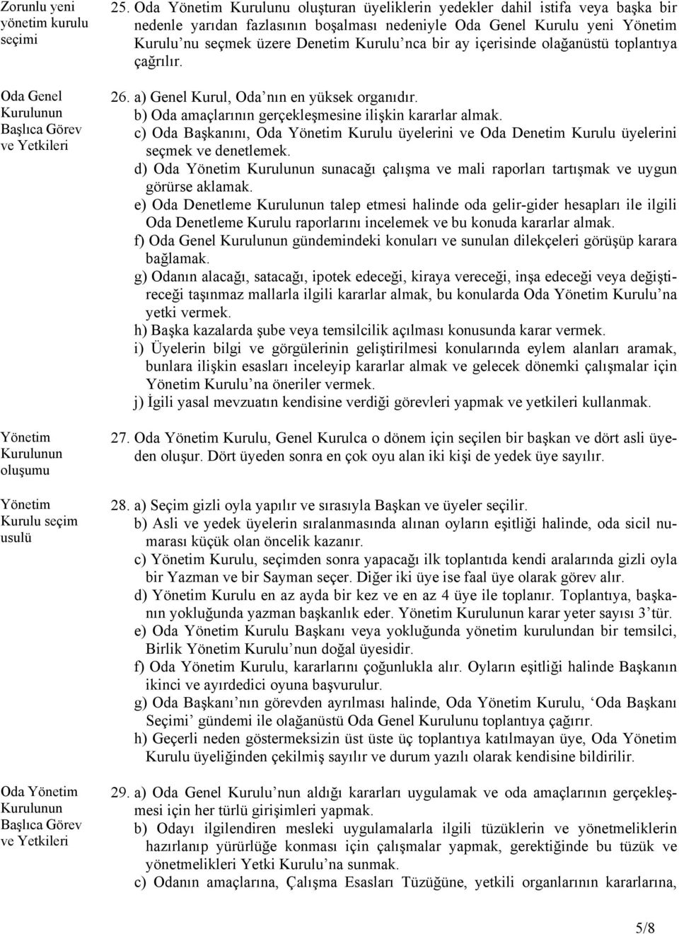 bir ay içerisinde olağanüstü toplantıya çağrılır. 26. a) Genel Kurul, Oda nın en yüksek organıdır. b) Oda amaçlarının gerçekleşmesine ilişkin kararlar almak.