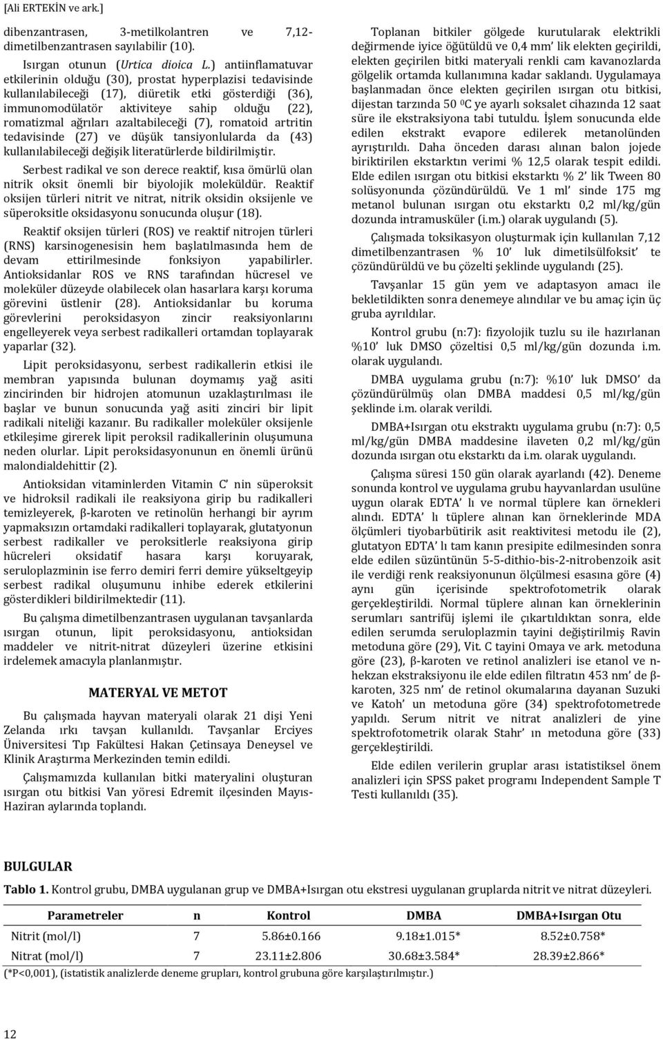 azaltabileceği (7), romatoid artritin tedavisinde (27) ve düşük tansiyonlularda da (43) kullanılabileceği değişik literatürlerde bildirilmiştir.