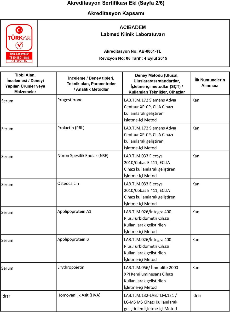 TLM.026/İntegra 400 Plus,Turbidometri Cihazı Erythropoietin LAB.TLM.056/ İmmulite 2000 XPI Kemiluminesans Cihazı İdrar Homovanilik Asit (HVA) LAB.