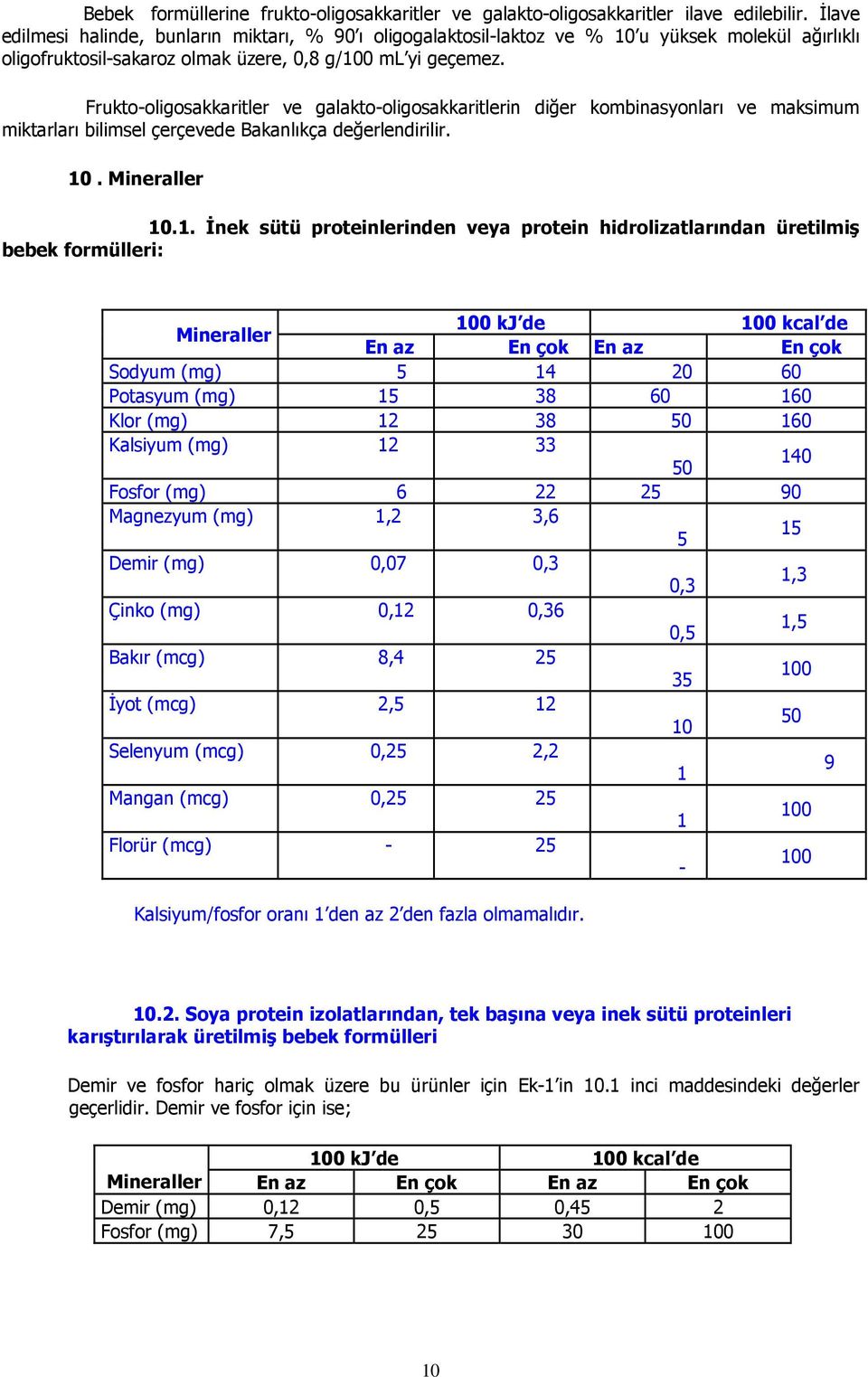 Frukto-oligosakkaritler ve galakto-oligosakkaritlerin diğer kombinasyonları ve maksimum miktarları bilimsel çerçevede Bakanlıkça değerlendirilir. 10