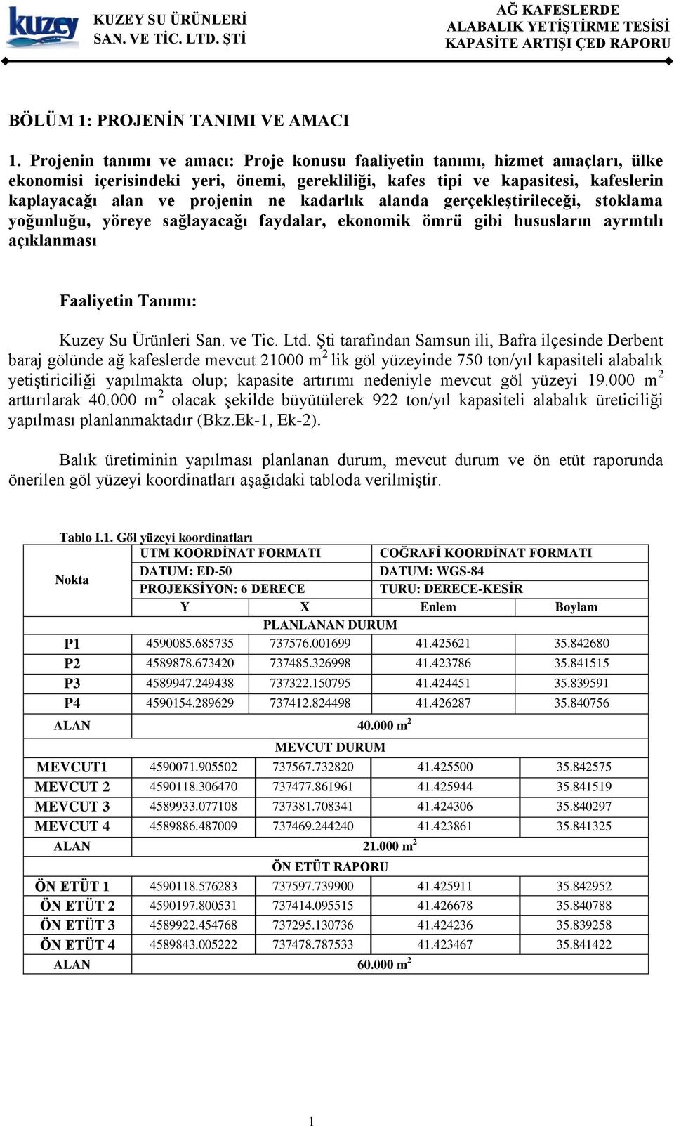 kadarlık alanda gerçekleştirileceği, stoklama yoğunluğu, yöreye sağlayacağı faydalar, ekonomik ömrü gibi hususların ayrıntılı açıklanması Faaliyetin Tanımı: Kuzey Su Ürünleri San. ve Tic. Ltd.