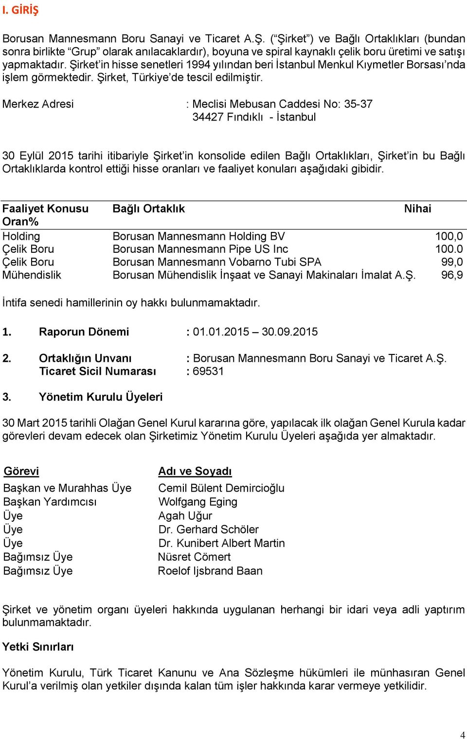 Merkez Adresi : Meclisi Mebusan Caddesi No: 35-37 34427 Fındıklı - İstanbul 30 Eylül 2015 tarihi itibariyle Şirket in konsolide edilen Bağlı Ortaklıkları, Şirket in bu Bağlı Ortaklıklarda kontrol