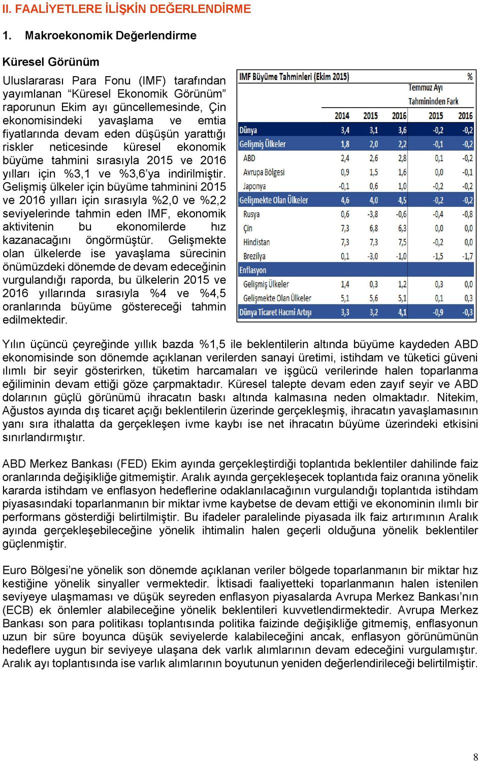 fiyatlarında devam eden düşüşün yarattığı riskler neticesinde küresel ekonomik büyüme tahmini sırasıyla 2015 ve 2016 yılları için %3,1 ve %3,6 ya indirilmiştir.