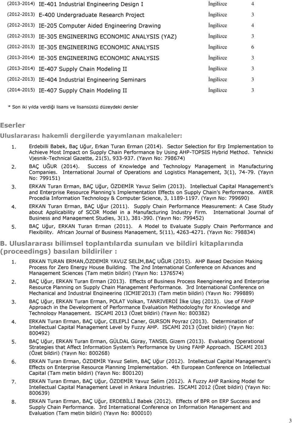 (2013-2014) IE-407 Supply Chain Modeling II İngilizce 3 (2012-2013) IE-404 Industrial Engineering Seminars İngilizce 3 (2014-2015) IE-407 Supply Chain Modeling II İngilizce 3 * Son iki yılda verdiği