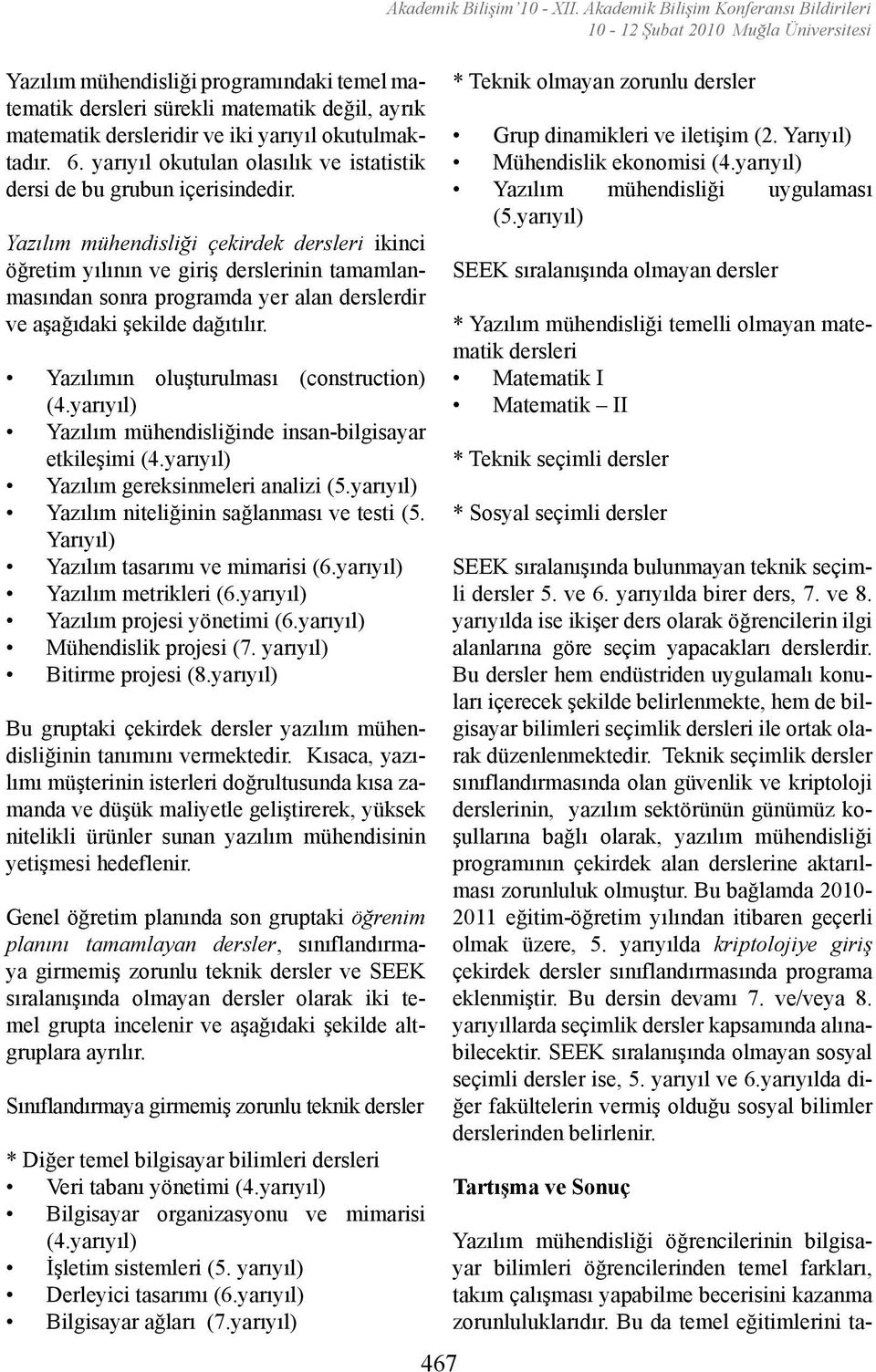 Yazılım mühendisliği çekirdek dersleri ikinci öğretim yılının ve giriş derslerinin tamamlanmasından sonra programda yer alan derslerdir ve aşağıdaki şekilde dağıtılır.