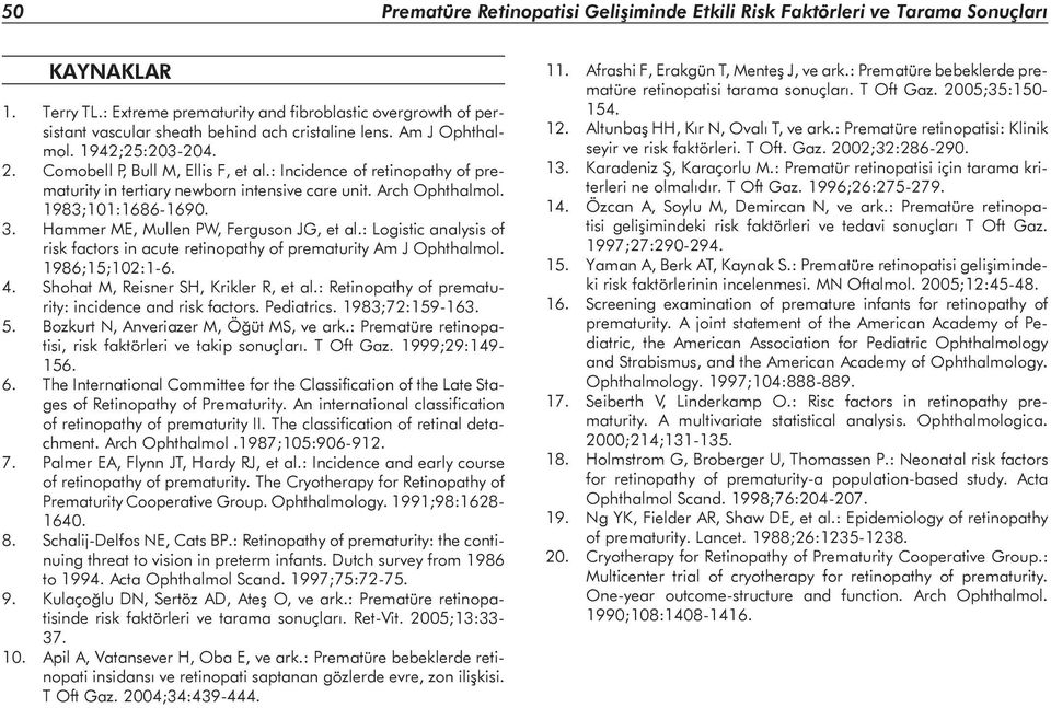 : Incidence of retinopathy of prematurity in tertiary newborn intensive care unit. Arch Ophthalmol. 1983;101:1686-1690. 3. Hammer ME, Mullen PW, Ferguson JG, et al.