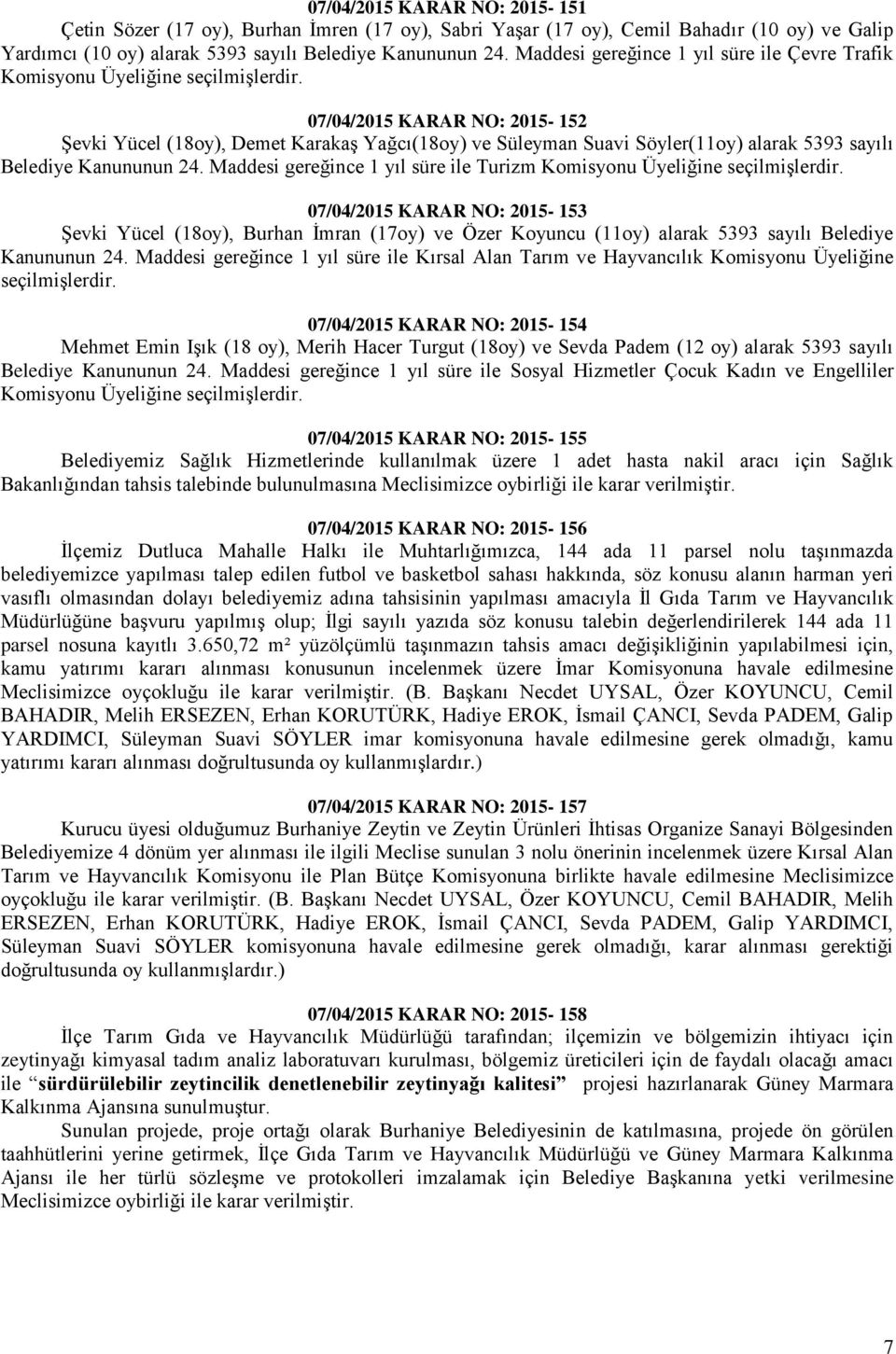 07/04/2015 KARAR NO: 2015-152 Şevki Yücel (18oy), Demet Karakaş Yağcı(18oy) ve Süleyman Suavi Söyler(11oy) alarak 5393 sayılı Belediye Kanununun 24.