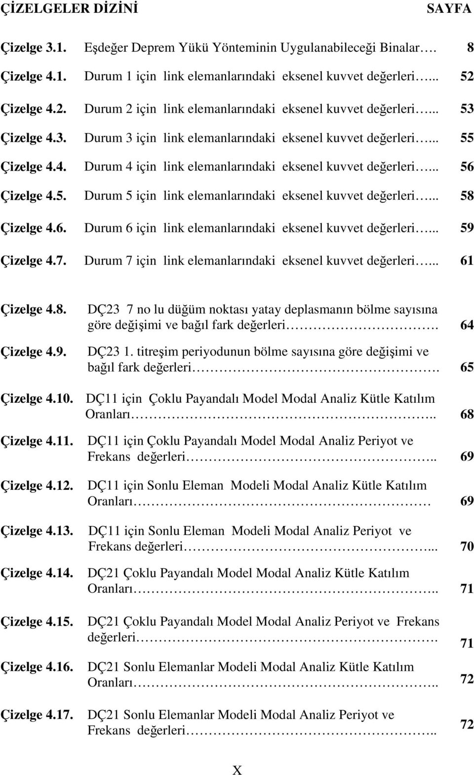 .. 56 Çizelge 4.5. Durum 5 için link elemanlarındaki eksenel kuvvet değerleri... 58 Çizelge 4.6. Durum 6 için link elemanlarındaki eksenel kuvvet değerleri... 59 Çizelge 4.7.