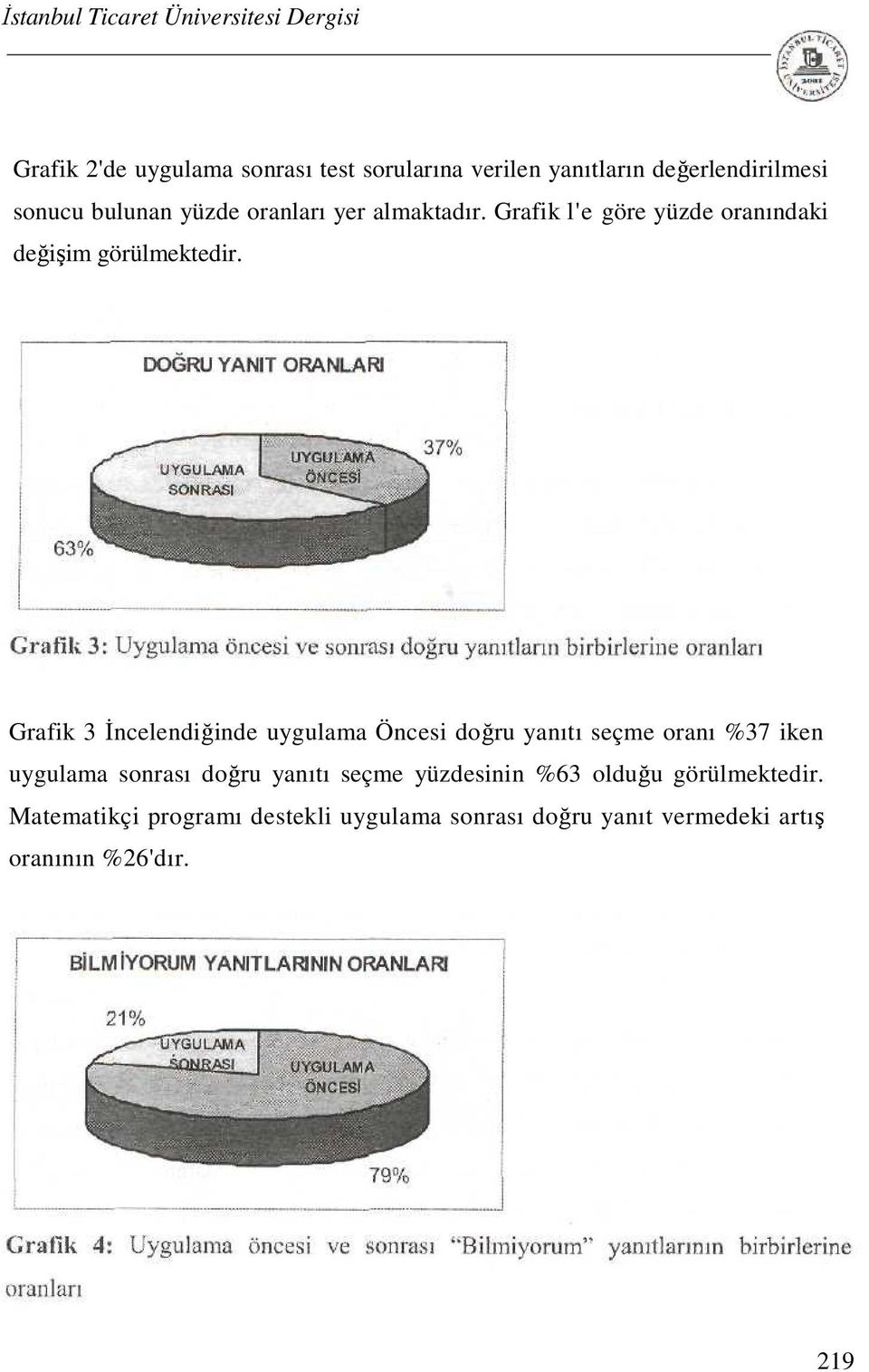 Grafik 3 İncelendiğinde uygulama Öncesi doğru yanıtı seçme oranı %37 iken uygulama sonrası doğru yanıtı