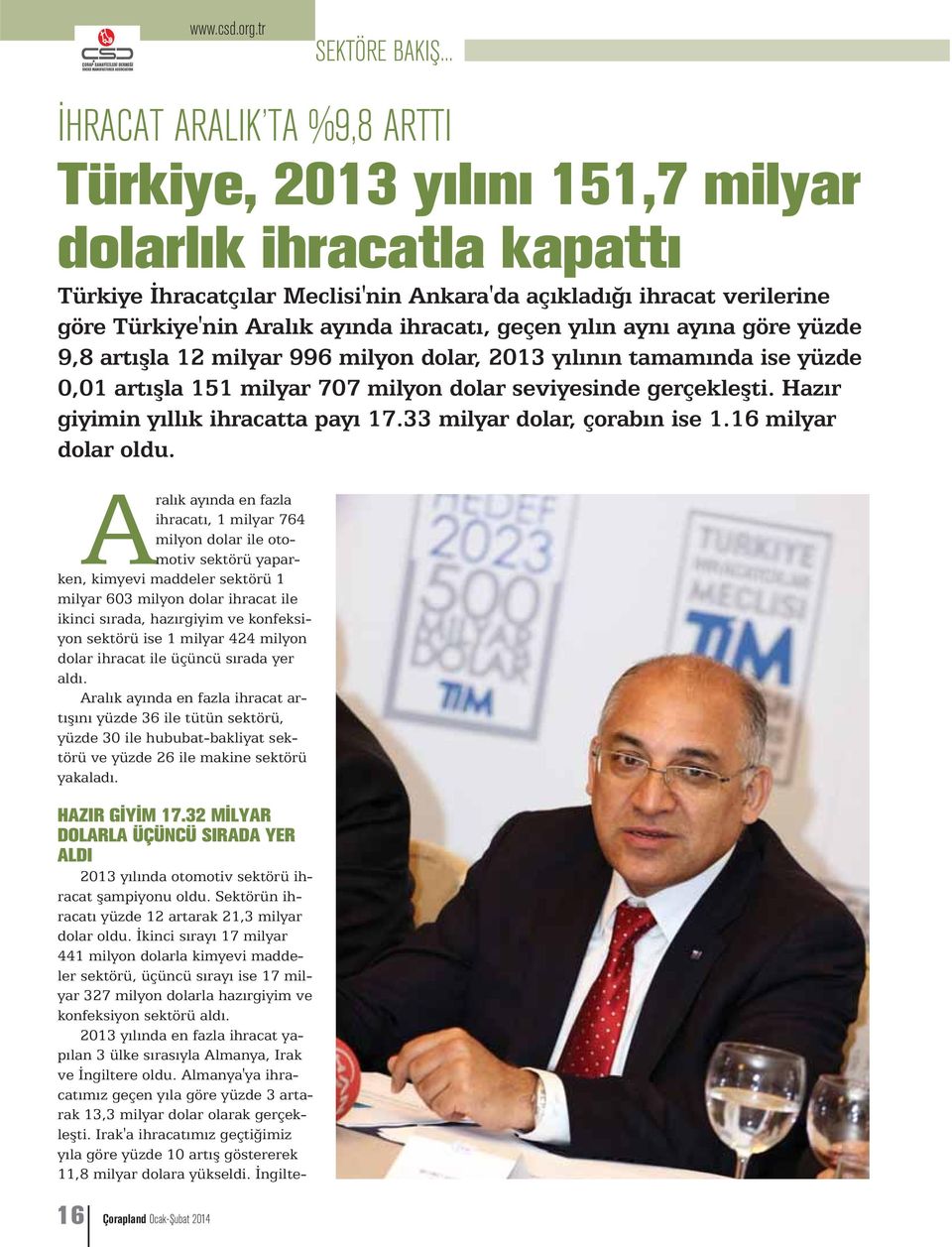 ihracatı, geçen yılın aynı ayına göre yüzde 9,8 artışla 12 milyar 996 milyon dolar, 2013 yılının tamamında ise yüzde 0,01 artışla 151 milyar 707 milyon dolar seviyesinde gerçekleşti.