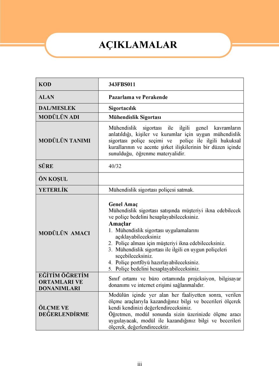 materyalidir. SÜRE 40/32 ÖN KOŞUL YETERLİK MODÜLÜN AMACI EĞİTİM ÖĞRETİM ORTAMLARI VE DONANIMLARI ÖLÇME VE DEĞERLENDİRME Mühendislik sigortası poliçesi satmak.