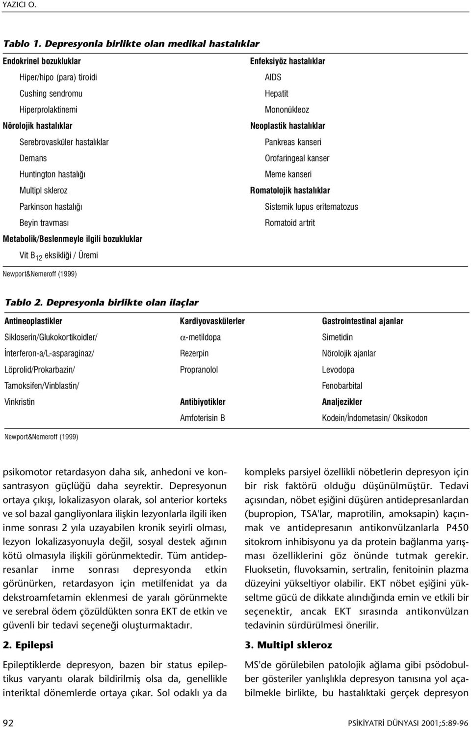 hastalýðý Multipl skleroz Parkinson hastalýðý Beyin travmasý Metabolik/Beslenmeyle ilgili bozukluklar Vit B 12 eksikliði / Üremi Enfeksiyöz hastalýklar AIDS Hepatit Mononükleoz Neoplastik hastalýklar