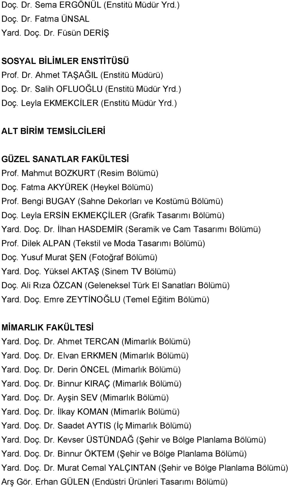 Bengi BUGAY (Sahne Dekorları ve Kostümü Bölümü) Doç. Leyla ERSİN EKMEKÇİLER (Grafik Tasarımı Bölümü) Yard. Doç. Dr. İlhan HASDEMİR (Seramik ve Cam Tasarımı Bölümü) Prof.