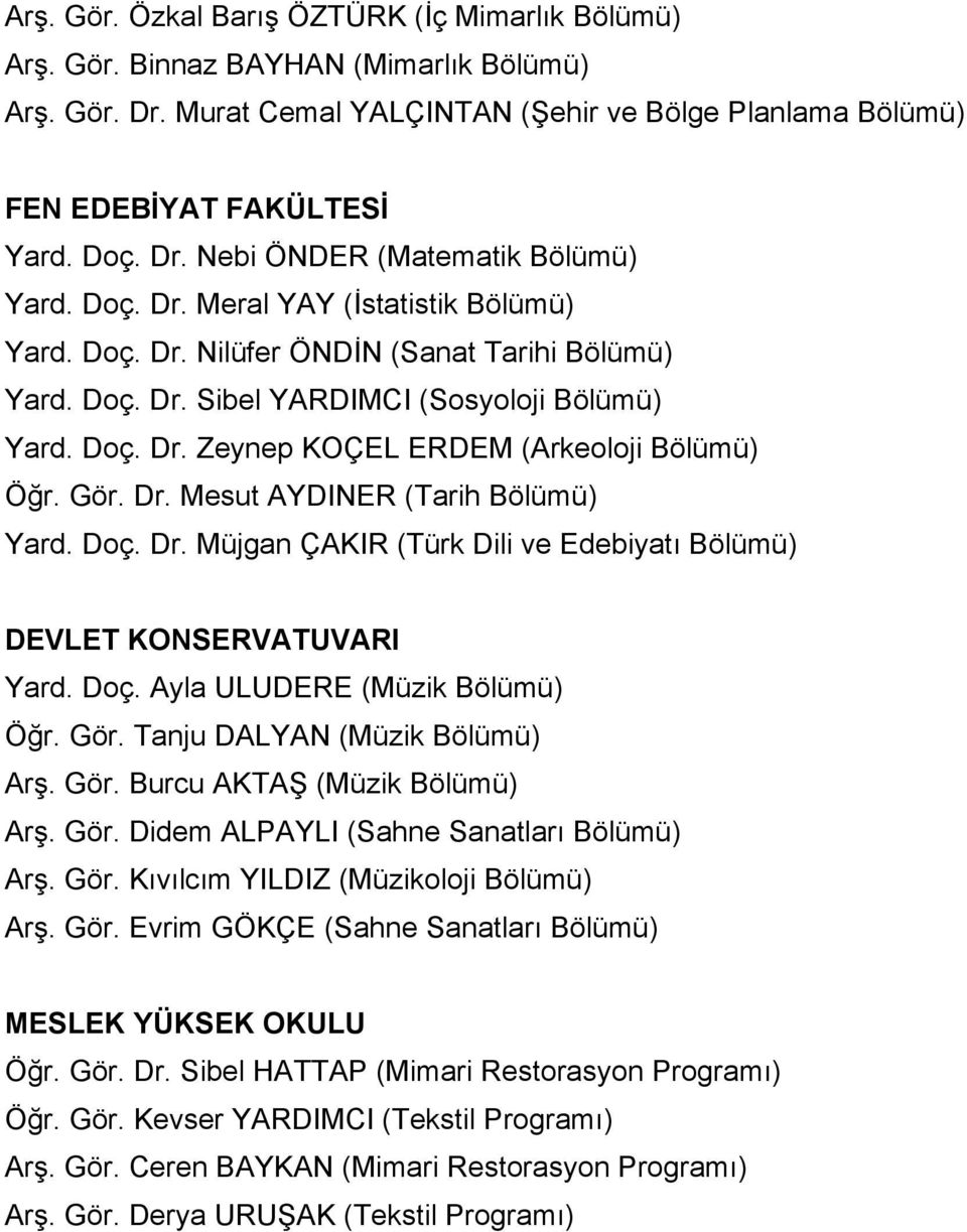 Gör. Dr. Mesut AYDINER (Tarih Bölümü) Yard. Doç. Dr. Müjgan ÇAKIR (Türk Dili ve Edebiyatı Bölümü) DEVLET KONSERVATUVARI Yard. Doç. Ayla ULUDERE (Müzik Bölümü) Öğr. Gör.