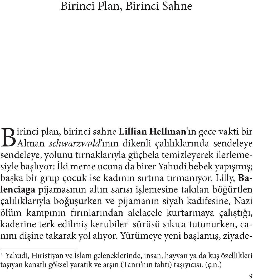 Lilly, Balenciaga pijamasının altın sarısı işlemesine takılan böğürtlen çalılıklarıyla boğuşurken ve pijamanın siyah kadifesine, Nazi ölüm kampının fırınlarından alelacele kurtarmaya çalıştığı,