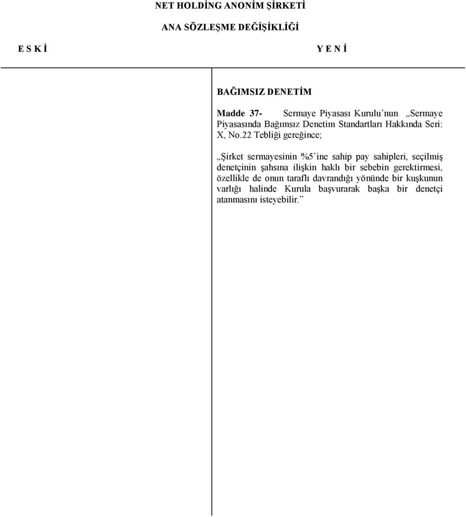 22 Tebliği gereğince; Şirket sermayesinin %5 ine sahip pay sahipleri, seçilmiş denetçinin şahsına ilişkin