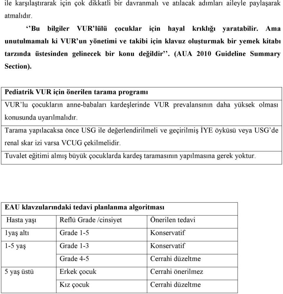 Pediatrik VUR için önerilen tarama programı VUR lu çocukların anne-babaları kardeşlerinde VUR prevalansının daha yüksek olması konusunda uyarılmalıdır.