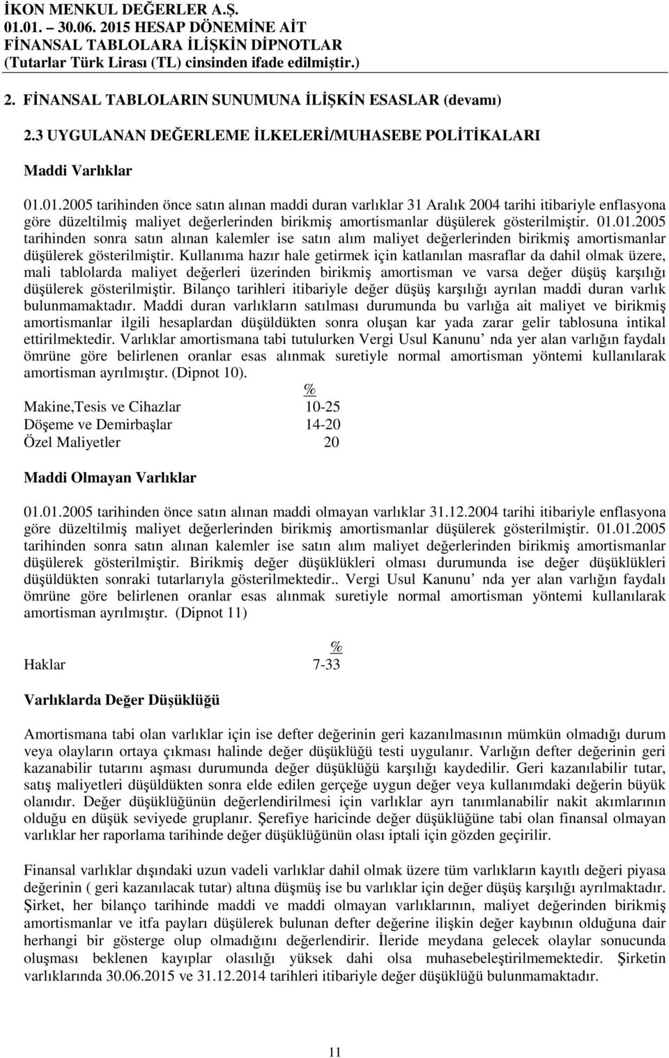 Kullanıma hazır hale getirmek için katlanılan masraflar da dahil olmak üzere, mali tablolarda maliyet değerleri üzerinden birikmiş amortisman ve varsa değer düşüş karşılığı düşülerek gösterilmiştir.