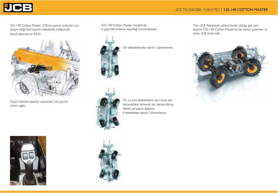 Tü JCB Teleskobik yükleyicilerde olduğu gibi yeni tasarı 535-140 Cotton Master da da otor, şanzıan ve akslar JCB üretiidir.