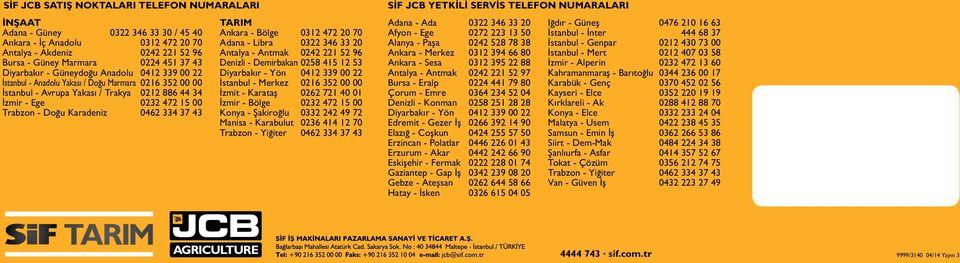 Karadeniz 0462 334 37 43 TARIM Ankara - Bölge 0312 472 20 70 Adana - Libra 0322 346 33 20 Antalya - Antak 0242 221 52 96 Denizli - Deirbakan 0258 415 12 53 Diyarbakır - Yön 0412 339 00 22 İstanbul -