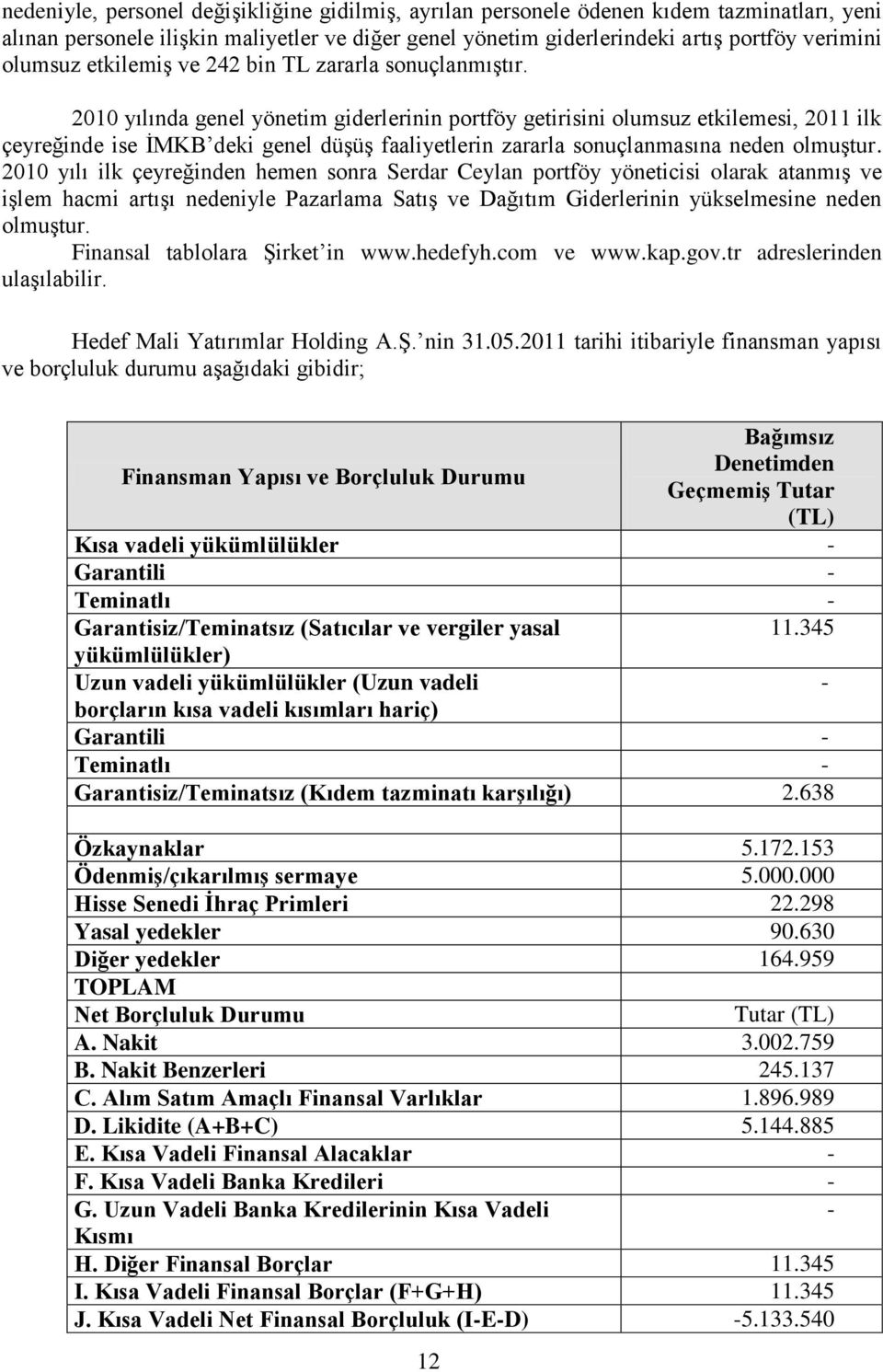 2010 yılında genel yönetim giderlerinin portföy getirisini olumsuz etkilemesi, 2011 ilk çeyreğinde ise ĠMKB deki genel düģüģ faaliyetlerin zararla sonuçlanmasına neden olmuģtur.