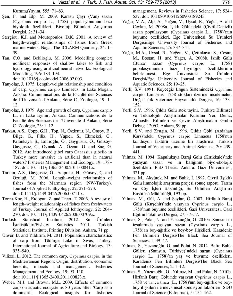 A review of length weight relationships of fishes from Greek marine waters. Naga, The ICLARM Quarterly, 24: 1 39. Tan, C.O. and Beklioglu, M. 2006.