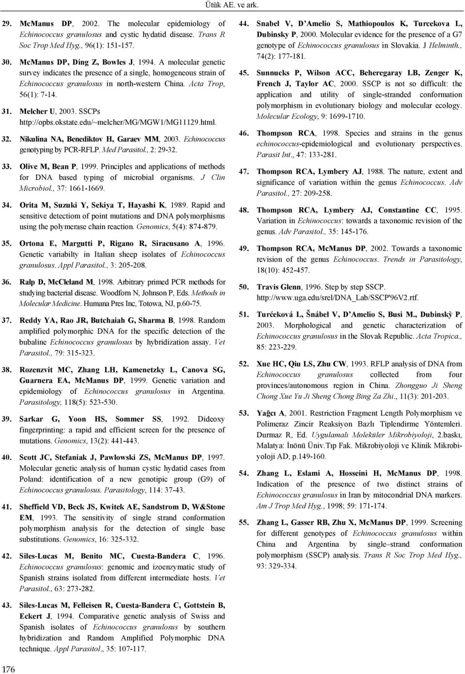 Melcher U, 2003. SSCPs http://opbs.okstate.edu/~melcher/mg/mgw1/mg11129.html. 32. Nikulina NA, Benediktov H, Garaev MM, 2003. Echinococcus genotyping by PCR-RFLP. Med Parasitol., 2: 29-32. 33.