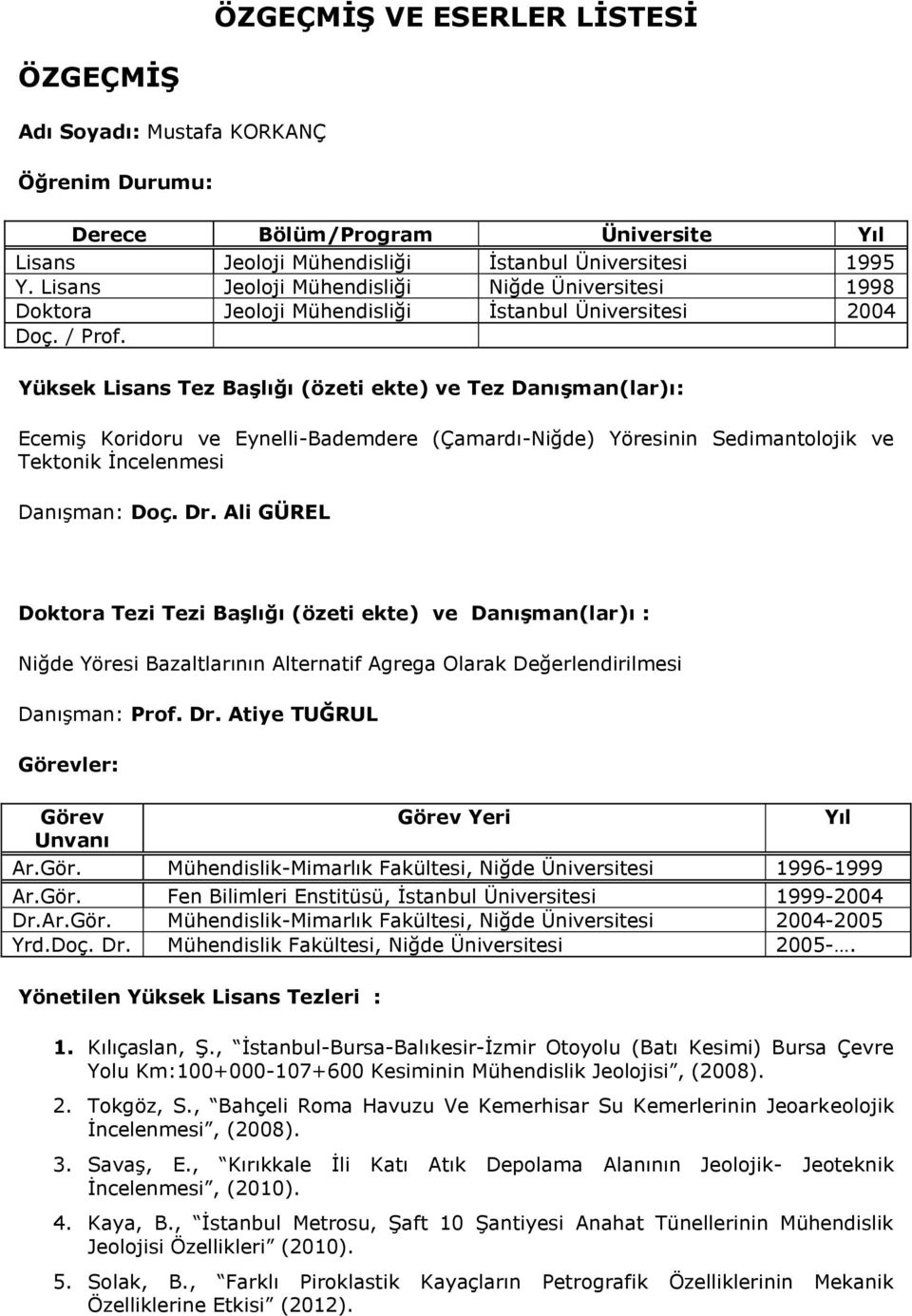 Yüksek Lisans Tez Başlığı (özeti ekte) ve Tez Danışman(lar)ı: Ecemiş Koridoru ve Eynelli-Bademdere (Çamardı-Niğde) Yöresinin Sedimantolojik ve Tektonik İncelenmesi Danışman: Doç. Dr.