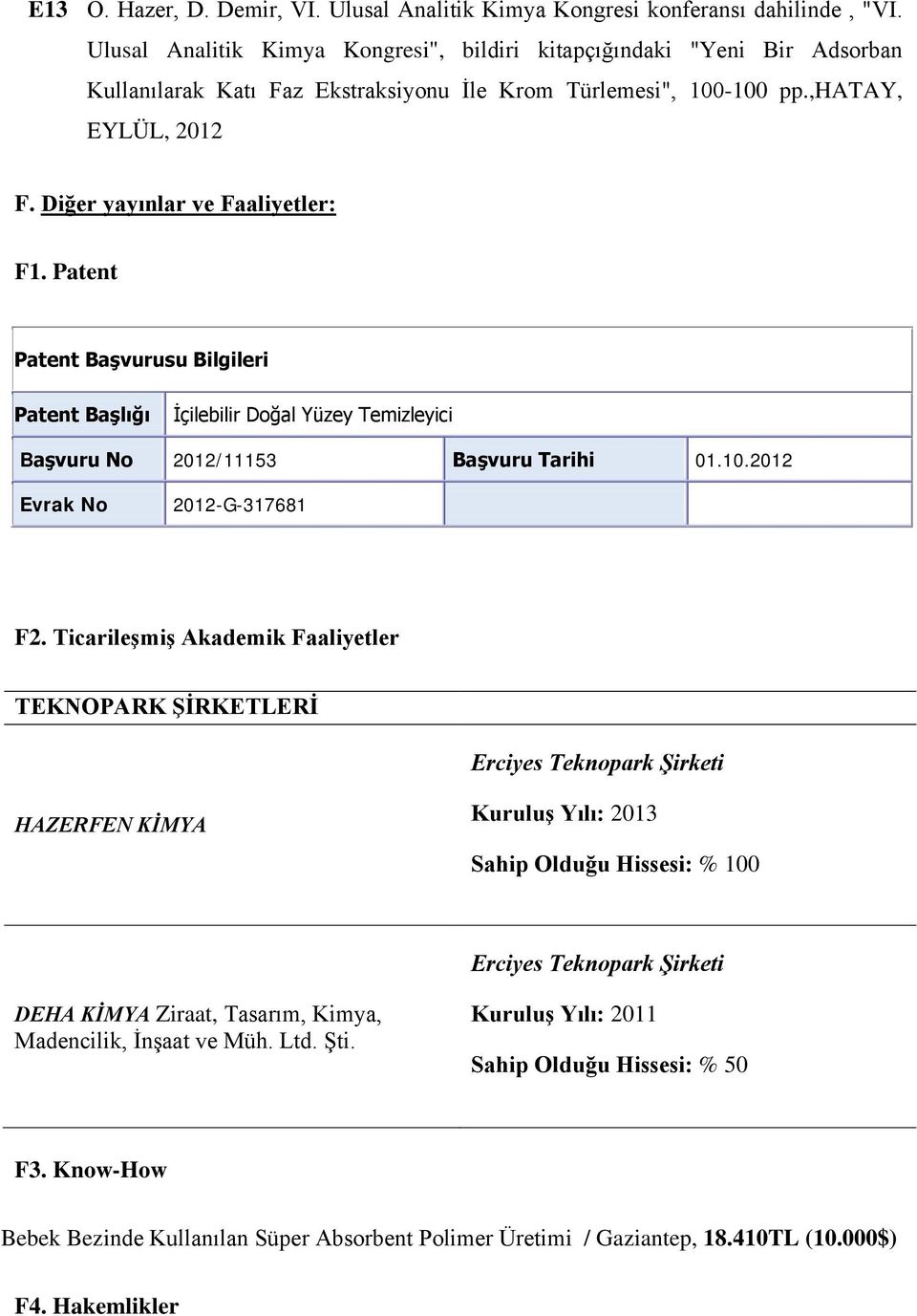 Patent Patent Başvurusu Bilgileri Patent Başlığı İçilebilir Doğal Yüzey Temizleyici Başvuru No 2012/11153 Başvuru Tarihi 01.10.2012 Evrak No 2012-G-317681 F2.