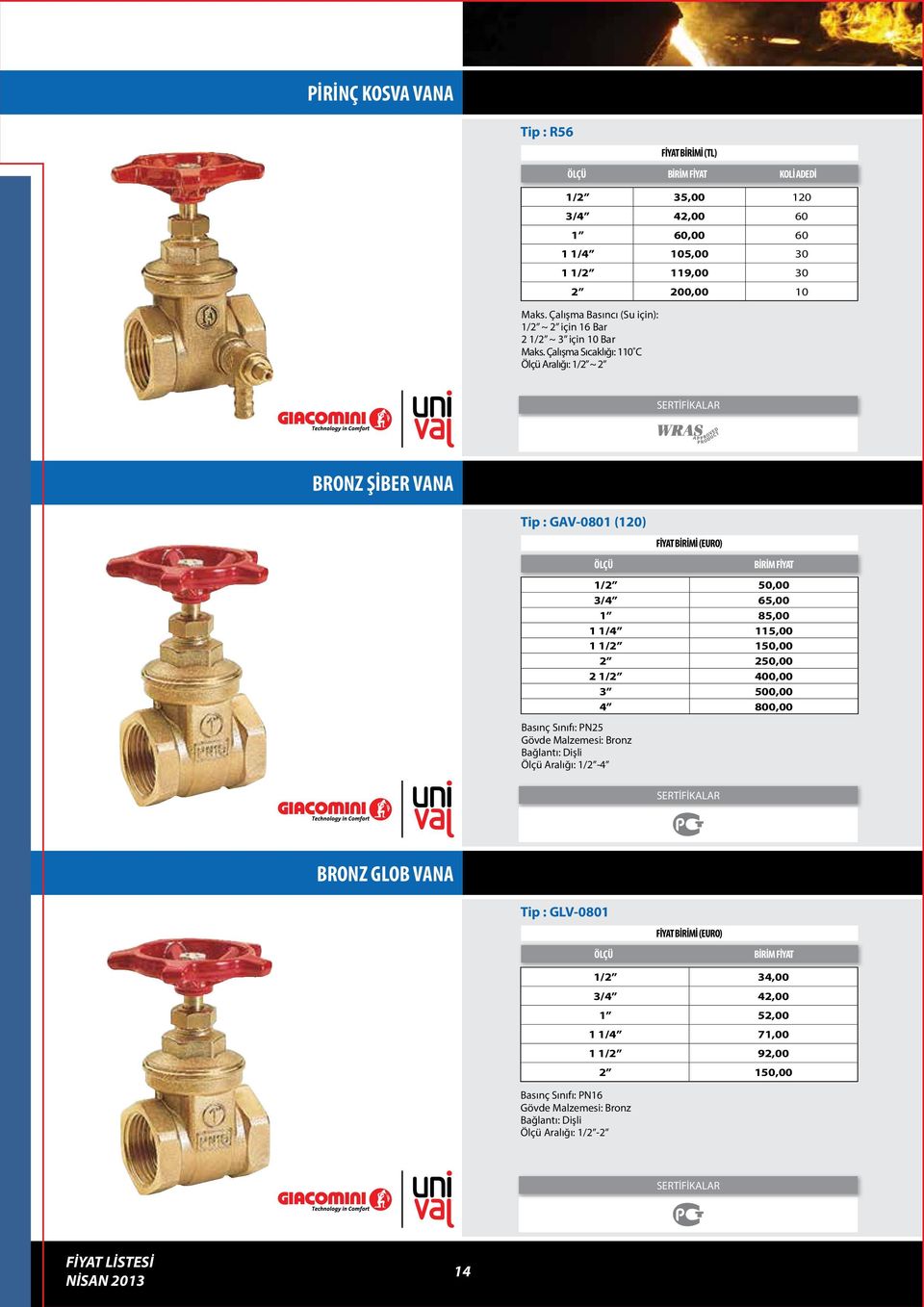 Çalışma Sıcaklığı: 110 C Ölçü Aralığı: 1/2 ~ 2 KOLİ ADEDİ BRONZ ŞİBER VANA Tip : GAV-0801 (120) Basınç Sınıfı: PN25 Gövde Malzemesi: Bronz Bağlantı: Dişli