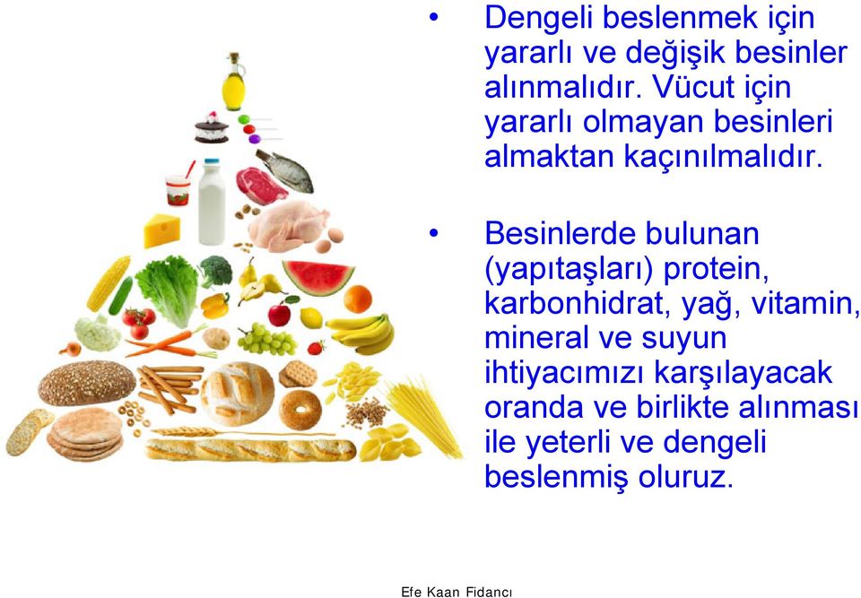 Besinlerde bulunan (yapıtaşları) protein, karbonhidrat, yağ, vitamin,