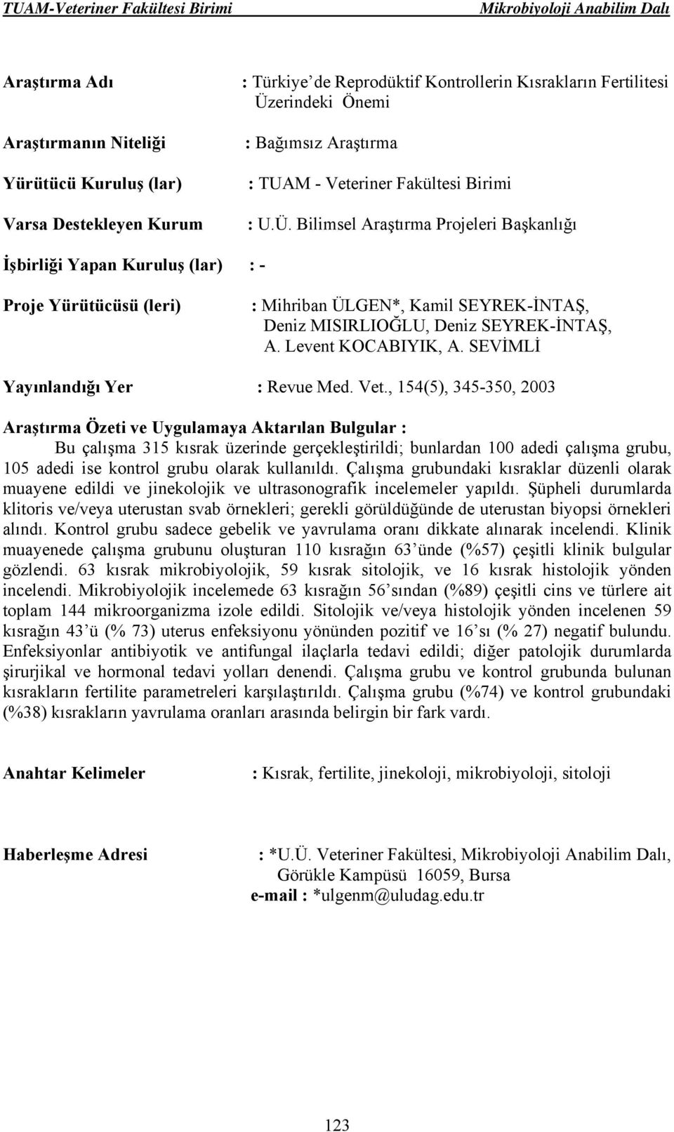 SEVİMLİ Yayınlandığı Yer : Revue Med. Vet., 154(5), 345-350, 2003 Bu çalışma 315 kısrak üzerinde gerçekleştirildi; bunlardan 100 adedi çalışma grubu, 105 adedi ise kontrol grubu olarak kullanıldı.