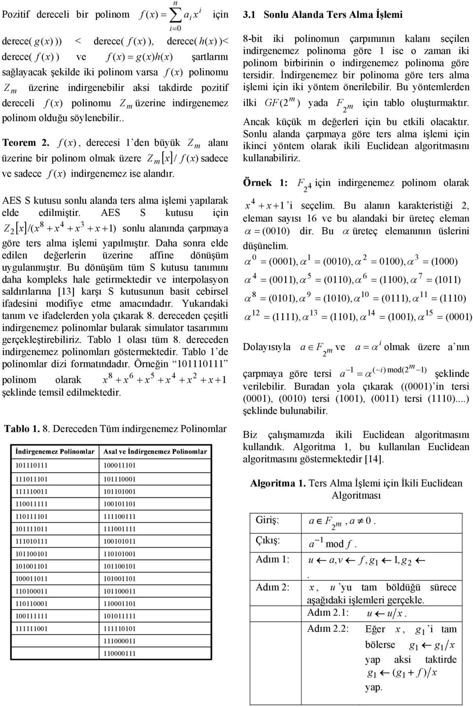 f (x), dereces de büyük Z m alaı üzere br polom olmak üzere Z m [] x / f ( x) sadece ve sadece f (x) drgeemez se aladır. AES S kutusu solu alada ters alma şlem yapılarak elde edlmştr.