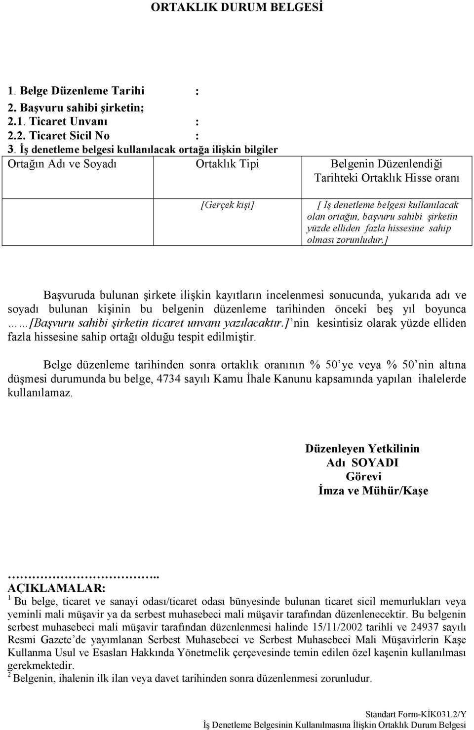 olan ortağın, başvuru sahibi şirketin yüzde elliden fazla hissesine sahip olması zorunludur.