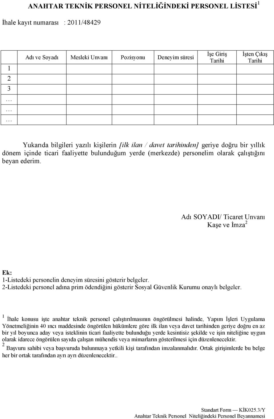 Adı SOYADI/ Ticaret Unvanı Kaşe ve İmza 2 Ek 1-Listedeki personelin deneyim süresini gösterir belgeler. 2-Listedeki personel adına prim ödendiğini gösterir Sosyal Güvenlik Kurumu onaylı belgeler.