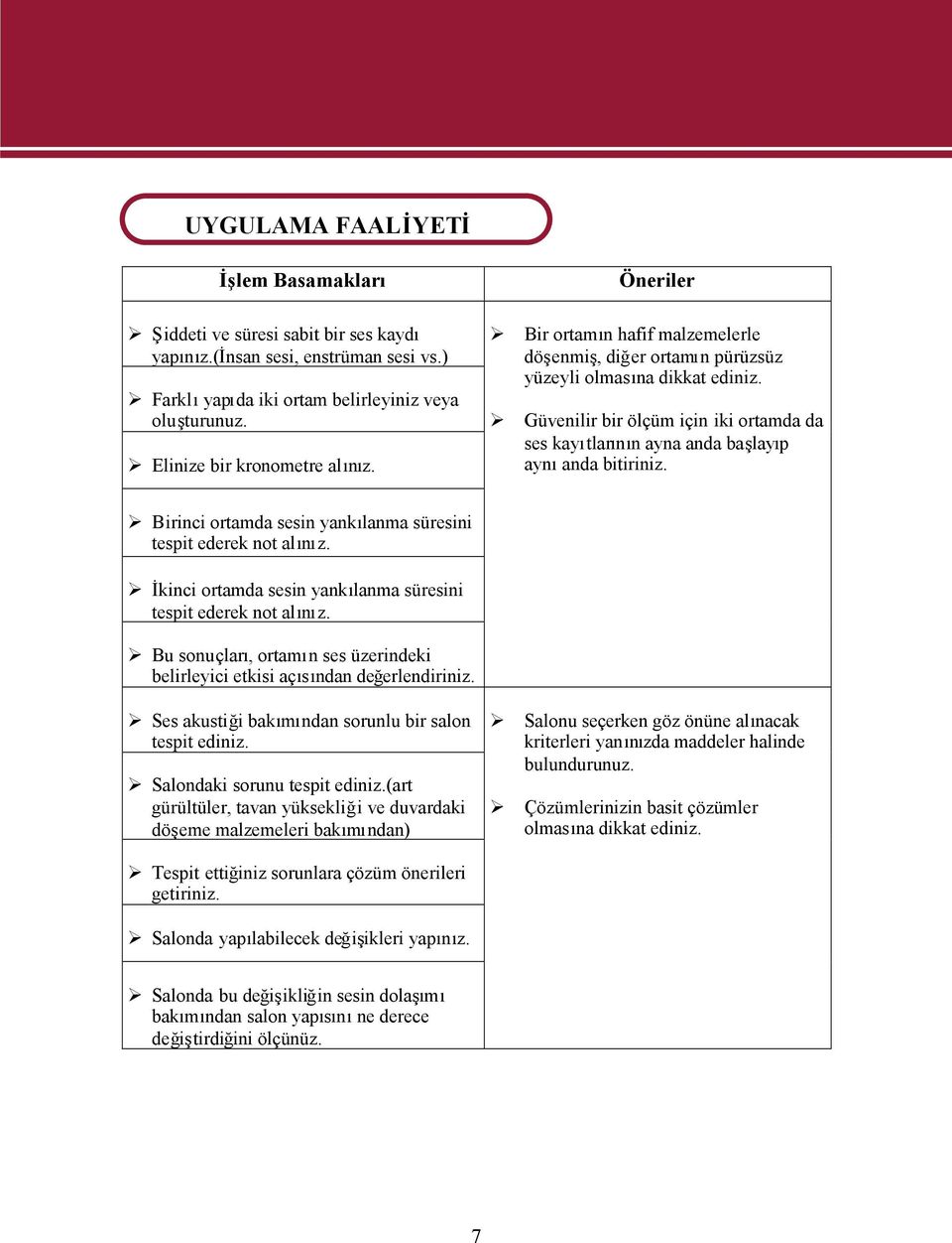 Güvenilir bir ölçüm için iki ortamda da ses kayıtların ayna anda başlayıp ayanda bitiriniz. Birinci ortamda sesin yankılanma süresini tespit ederek not alız.