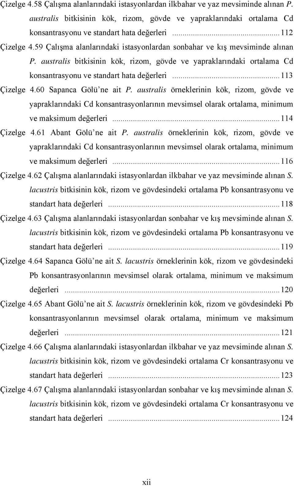 australis bitkisinin kök, rizom, gövde ve yapraklarındaki ortalama Cd konsantrasyonu ve standart hata değerleri...113 Çizelge 4.60 Sapanca Gölü ne ait P.