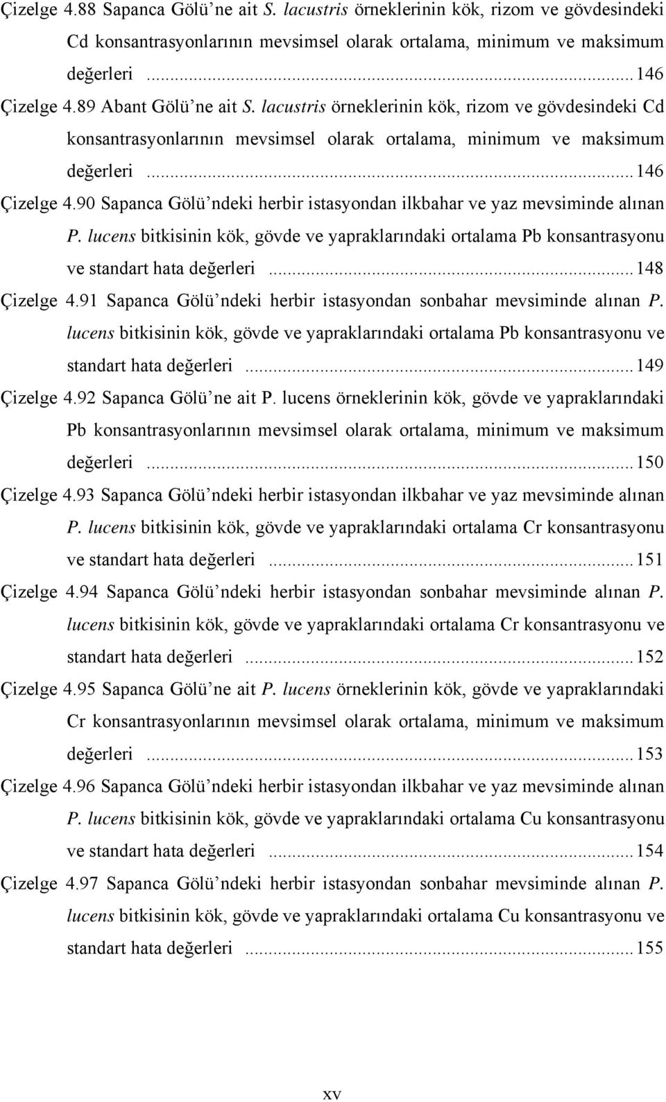 90 Sapanca Gölü ndeki herbir istasyondan ilkbahar ve yaz mevsiminde alınan P. lucens bitkisinin kök, gövde ve yapraklarındaki ortalama Pb konsantrasyonu ve standart hata değerleri...148 Çizelge 4.