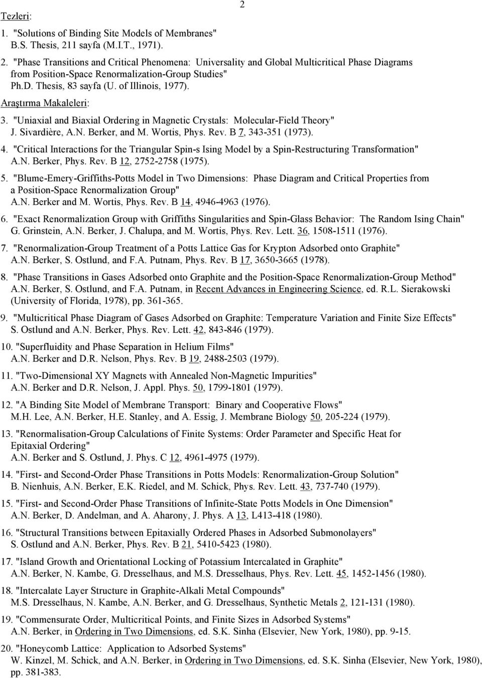 of Illinois, 1977). Araştırma Makaleleri: 3. "Uniaxial and Biaxial Ordering in Magnetic Crystals: Molecular-Field Theory" J. Sivardière, A.N. Berker, and M. Wortis, Phys. Rev. B 7, 343-351 (1973). 4.