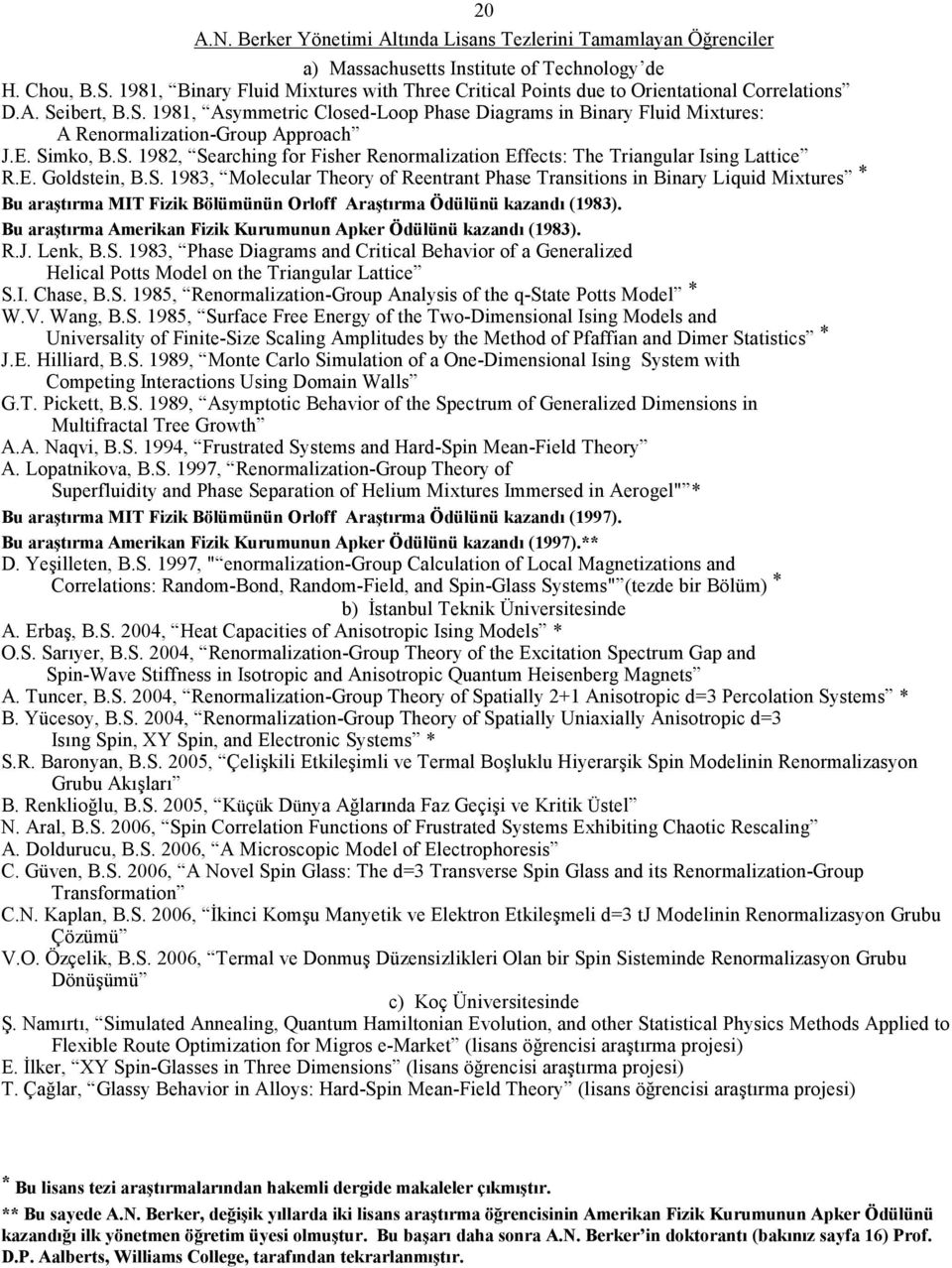 ibert, B.S. 1981, Asymmetric Closed-Loop Phase Diagrams in Binary Fluid Mixtures: A Renormalization-Group Approach J.E. Simko, B.S. 1982, Searching for Fisher Renormalization Effects: The Triangular Ising Lattice R.