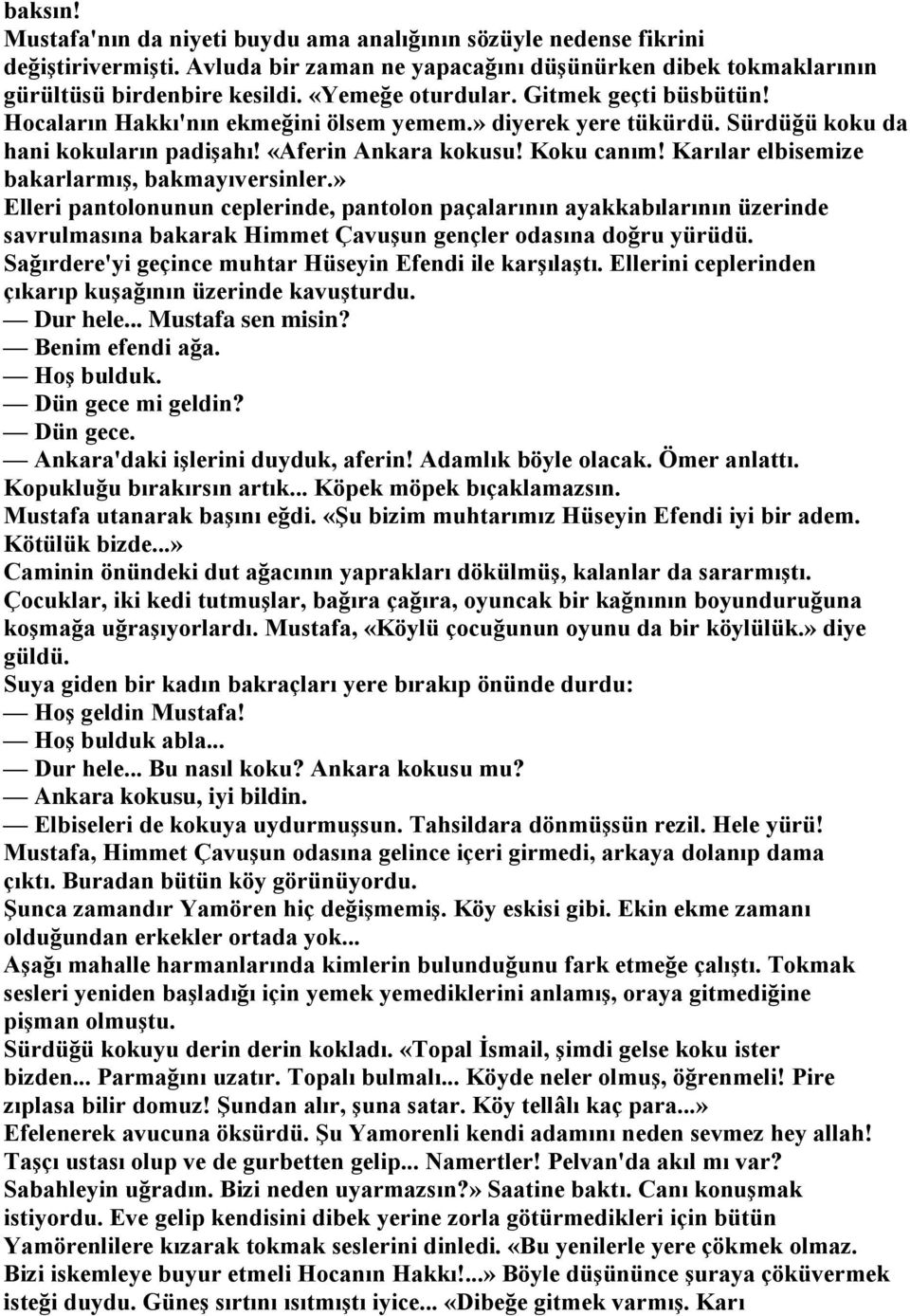 Karılar elbisemize bakarlarmış, bakmayıversinler.» Elleri pantolonunun ceplerinde, pantolon paçalarının ayakkabılarının üzerinde savrulmasına bakarak Himmet Çavuşun gençler odasına doğru yürüdü.