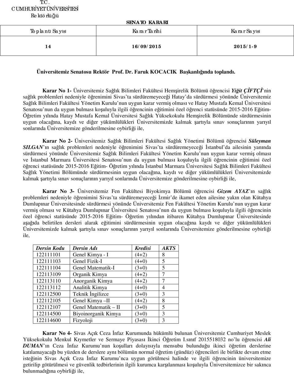 Üniversitemiz Sağlık Bilimleri Fakültesi Yönetim Kurulu nun uygun karar vermiş olması ve Hatay Mustafa Kemal Üniversitesi Senatosu nun da uygun bulması koşuluyla ilgili öğrencinin eğitimini özel