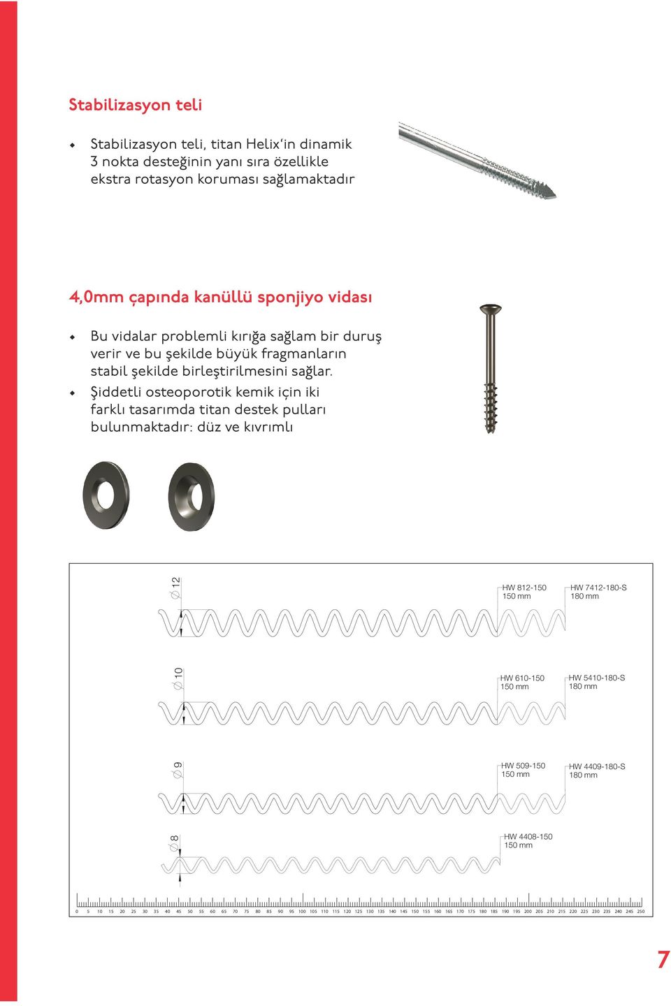 Şiddetli osteoporotik kemik için iki farklı tasarımda titan destek pulları bulunmaktadır: düz ve kıvrımlı Helix Wire 10 12 HW 812-150 150 mm HW 610-150 150 mm HW 7412-180-S 180 mm HW