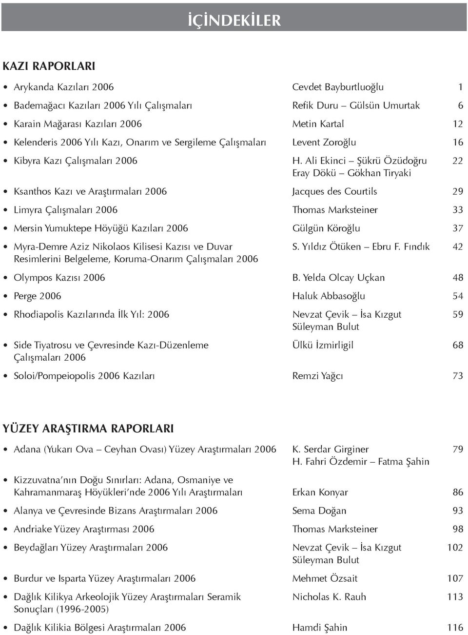 Ali Ekinci Şükrü Özüdoğru 22 Eray Dökü Gökhan Tiryaki Ksanthos Kazı ve Araştırmaları 2006 Jacques des Courtils 29 Limyra Çalışmaları 2006 Thomas Marksteiner 33 Mersin Yumuktepe Höyüğü Kazıları 2006