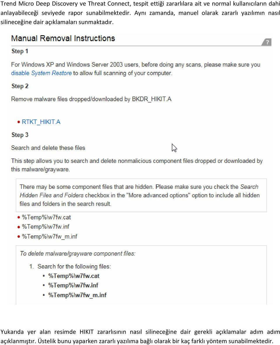 Aynı zamanda, manuel olarak zararlı yazılımın nasıl silineceğine dair açıklamaları sunmaktadır.