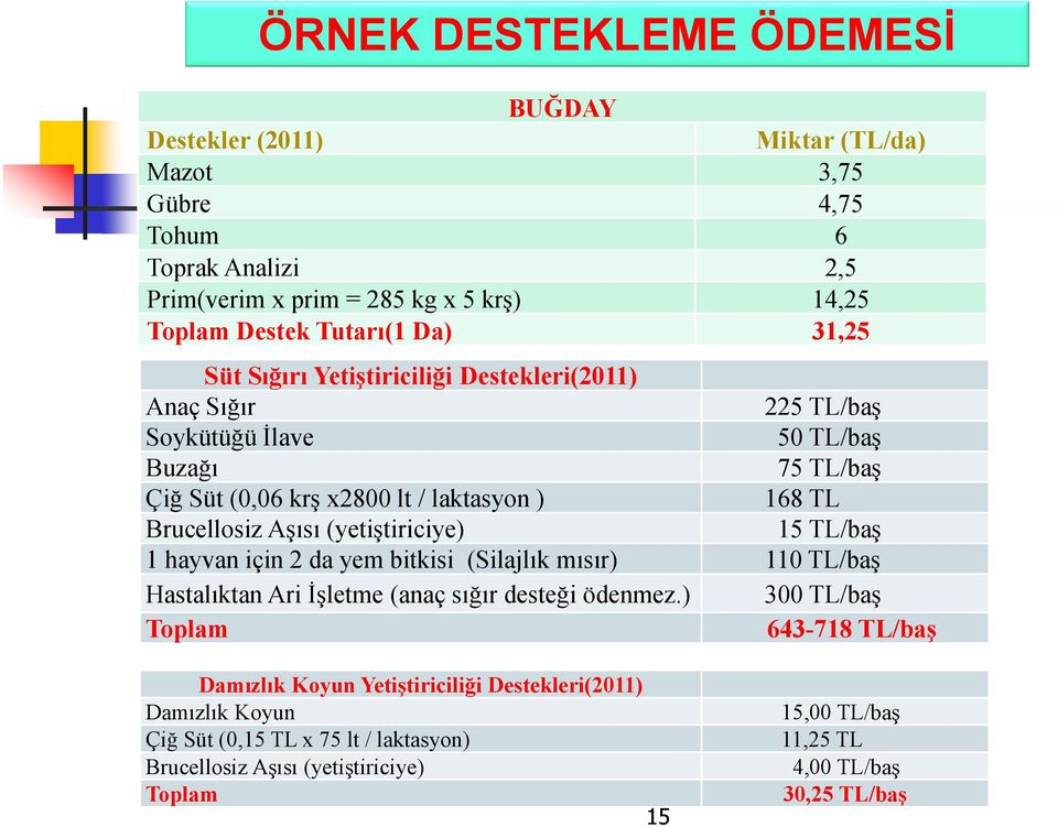 (yetiştiriciye) 15 TL/baş 1 hayvan için 2 da yem bitkisi (Silajlık mısır) 110 TL/baş Hastalıktan Ari İşletme (anaç sığır desteği ödenmez.