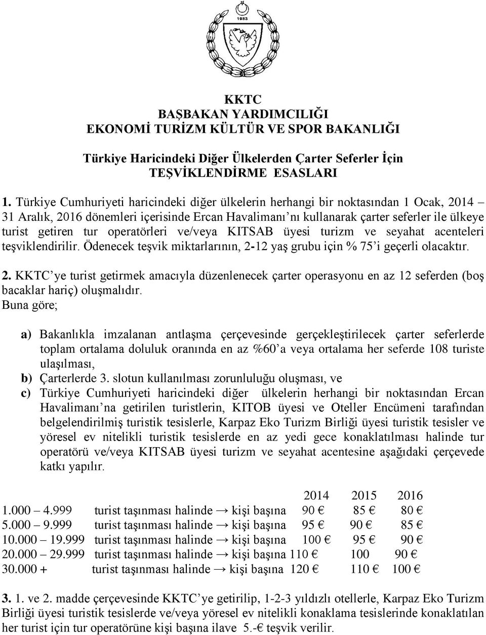 operatörleri ve/veya KITSAB üyesi turizm ve seyahat acenteleri teşviklendirilir. Ödenecek teşvik miktarlarının, 2-