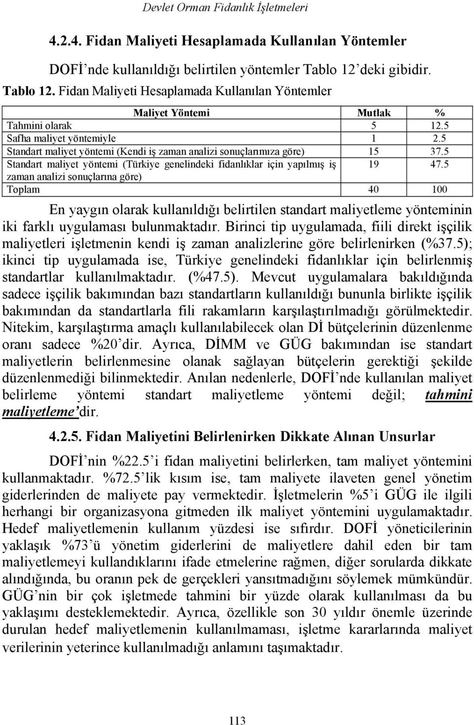 5 Standart maliyet yöntemi (Kendi iş zaman analizi sonuçlarımıza göre) 15 37.5 Standart maliyet yöntemi (Türkiye genelindeki fidanlıklar için yapılmış iş 19 47.