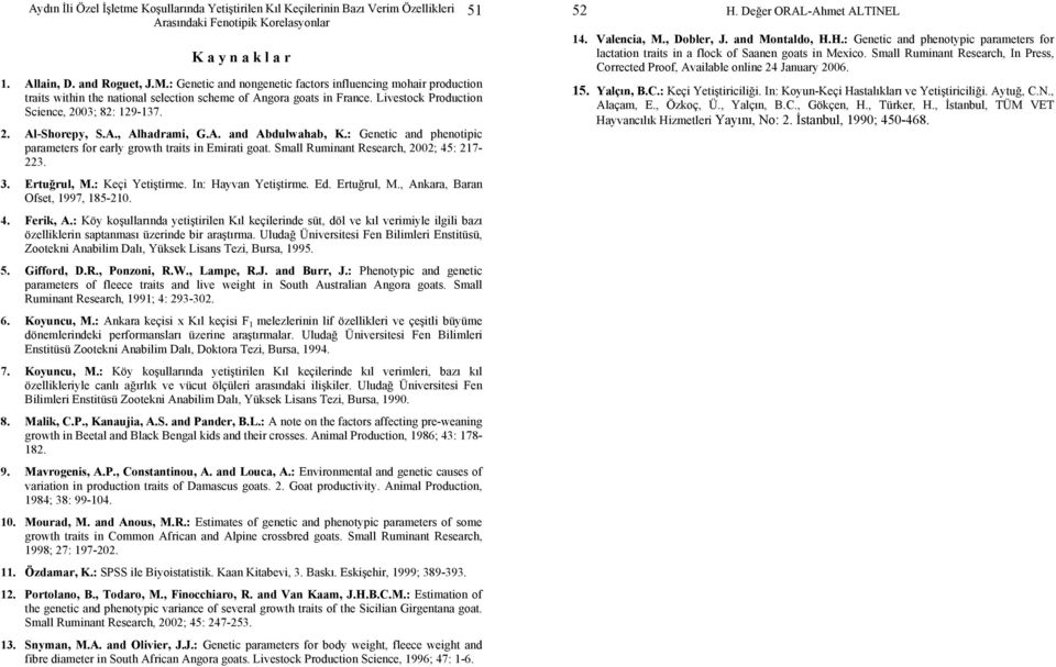 Small Ruminant Research, 2002; 45: 217-223. 3. Ertuğrul, M.: Keçi Yetiştirme. In: Hayvan Yetiştirme. Ed. Ertuğrul, M., Ankara, Baran Ofset, 1997, 185-210. 4. Ferik, A.