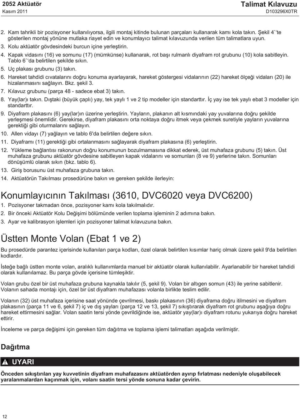 Tablo 6` da belirtilen şekilde sıkın. 5. Uç plakası grubunu () takın. 6. Hareket tahdidi cıvatalarını doğru konuma ayarlayarak, hareket göstergesi vidalarının () hareket ölçeği vidaları (0) ile hizalanmasını sağlayın.